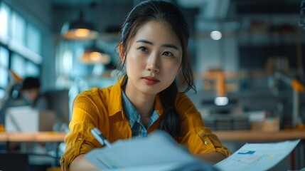 Poster - Diverse engineer team working at the office table with construction plans and architect equipment and planning construction project Focus on an asian vietnamese woman team leader holdi : Generative AI