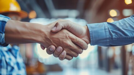 Aufkleber - Construction workers architects and engineers shake hands while working for teamwork and cooperation after completing an agreement in an office facility successful cooperation concept : Generative AI