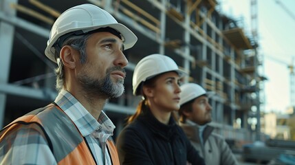 Aufkleber - A team of construction engineers talks to managers and construction workers at the construction site Quality inspection work plan home and industrial building design project : Generative AI
