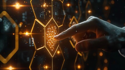 Wall Mural - Businessman touching and pressing hexagon honey screen display hologram button interface by finger on dark black background Internet and Virtual Reality concept Business and technology : Generative AI