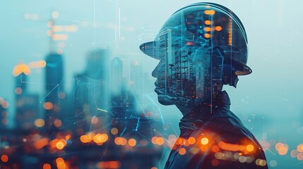 Aufkleber - Engineering worker future industry double exposure city concept construction building city development planning innovation contractor technician architect city background blue banner : Generative AI
