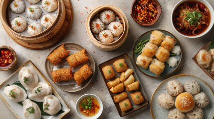 Wall Mural - Dim Sum Spread: A table covered with various dim sum dishes, including dumplings, buns, and rolls.