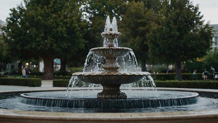  a vintage fountain in a park surrounded by trees and buildings.