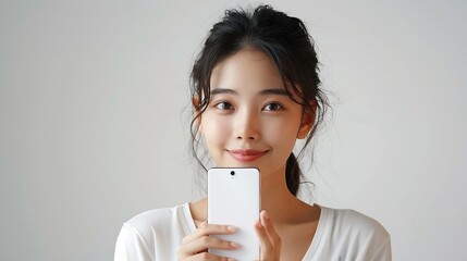 Aufkleber - beautiful Asian young woman showing big smart phone with blank screen  white screen empty copy space for advertising banner isolated on white background  Mock Up Image : Generative AI