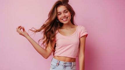 Leinwandbilder - Full length body size view of beautiful trendy cheerful girl demonstrating promo copy space isolated over pink pastel color background : Generative AI