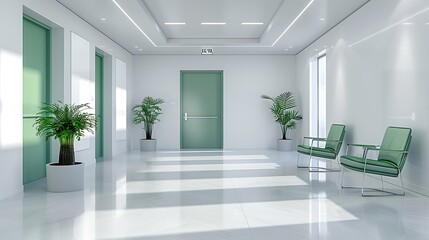 Poster - Interior of bright white room with green closed door in modern hospital : Generative AI