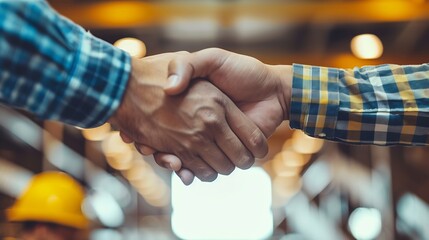 Aufkleber - Construction workers architects and engineers shake hands while working for teamwork and cooperation after completing an agreement in an office facility successful cooperation concept : Generative AI