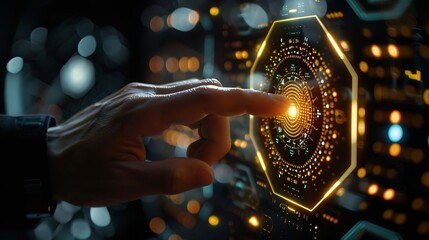 Fototapete - Businessman touching and pressing hexagon honey screen display hologram button interface by finger on dark black background Internet and Virtual Reality concept Business and technology : Generative AI