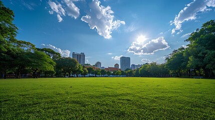 Poster - grassland green field with trees and buildings temple and grand palace in blue skyBangkok thailand : Generative AI