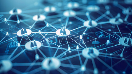 Wall Mural - A blue image of a network of people with a blue background. The people are connected to each other in a web-like pattern