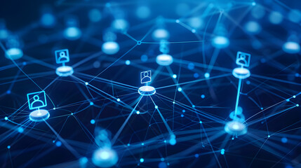 Wall Mural - A blue background with a network of dots and a few people. The people are connected to each other by lines