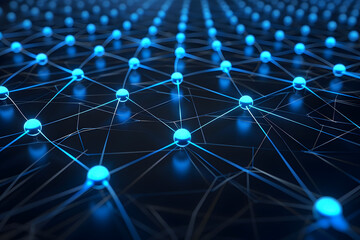 Wall Mural - A close up of a blue and black background with many small blue spheres. The spheres are connected to each other in a web-like pattern. Concept of complexity and interconnectedness