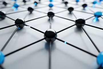 Wall Mural - a close up of a network of black and blue spheres. the spheres are connected to each other in a web-