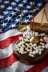 Wall Mural - A scale with a pile of pills on it and a book next to it. The scale is on top of a red, white, and blue American flag