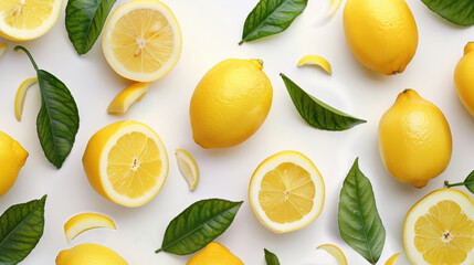 lemons with leaves Yellow Fresh ingredient Top view isolated white background wallpaper