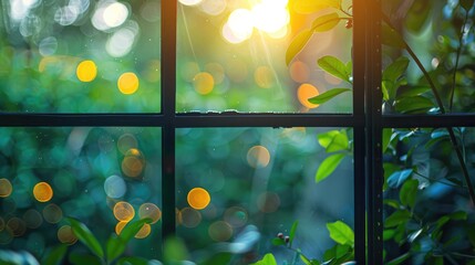 Canvas Print - Blurred garden view through window with green bokeh lights.