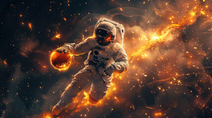 Poster - A man in a spacesuit is playing basketball in space.