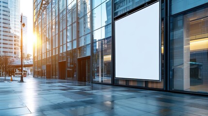 Wall Mural - A large white sign is on a building in a city. The sign is empty and the building is surrounded by glass windows. The scene is bright and sunny, with the sun shining on the building and the sign