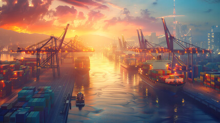 A city with a large body of water and a large number of cranes. The sky is orange and the water is calm