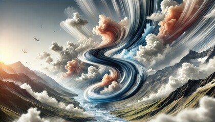 Wall Mural - Abstract Swirling Clouds Over Mountains and River.