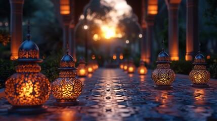 A Row of Lanterns Are Lit up in Front of a Building at Sunset - Generative AI