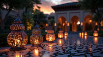 A Group of Decorative Lanterns Are Lit up on a Tiled Walkway - Generative AI