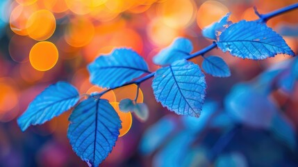 Wall Mural - Blurred bright colors and yellow light create a beautiful bokeh effect on the blue leaves.