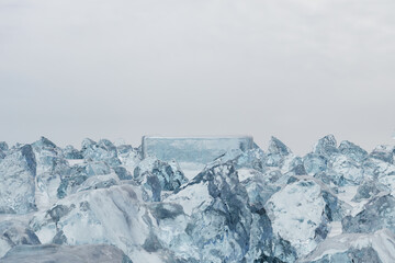 Wall Mural - 3d render platform background and empty round stage, ice podium on the ice rock in winter for produc