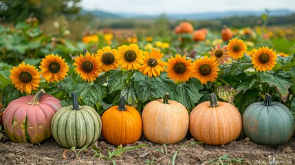 Various colored pumpkins are lined up in front of bright, cheerful sunflowers in an open field, creating a vibrant autumn scene perfect for seasonal promotions