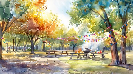 A community cookout event in a park, grill smoke rising, warm sunlight, vibrant decorations, watercolor style, cheerful and welcoming scene