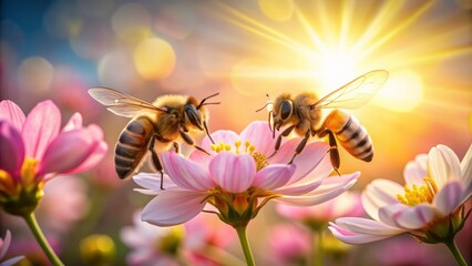 Serene springtime scene featuring two bees sipping nectar from a delicate pink flower, bathed in warm, golden morning light.