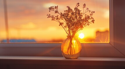 Wall Mural - Sunset-lit dried flower vase on Scandinavian windowsill.