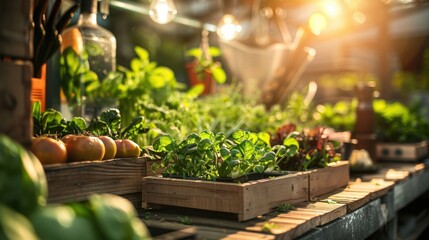 Wall Mural - A table with a variety of plants and vegetables, including tomatoes, peppers