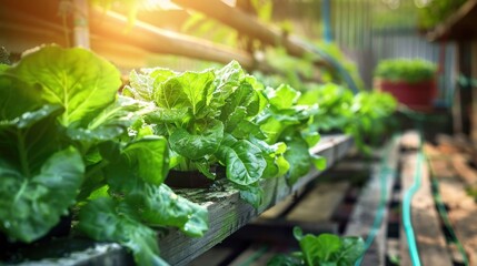 Wall Mural - A row of plants with a bench in the background