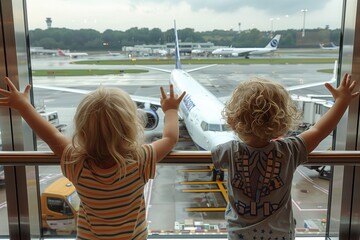 Wall Mural - summer, Children looking out of the airport window at planes on the tarmac, excitedly pointing out different aircraft 