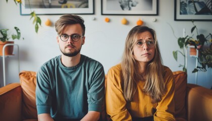 Sticker - A couple sits on a couch, looking thoughtful. AI.