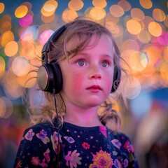 Canvas Print - A young girl listening to music with headphones. AI.