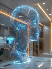 Poster - A glowing, digital human head. AI.