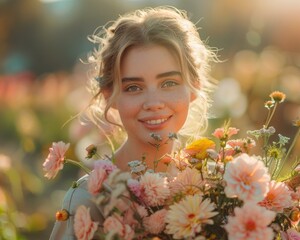 Wall Mural - A woman smiles while holding a bouquet of flowers. AI.