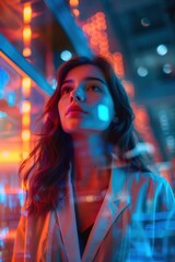 Sticker - A woman stands in front of a colorful light display. AI.