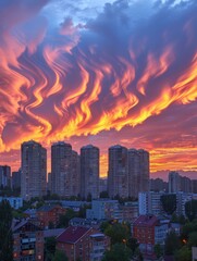 Canvas Print - City skyline with a dramatic sunset sky. AI.