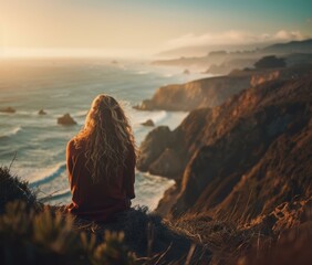 Sticker - Woman sitting on a cliff overlooking the ocean. AI.