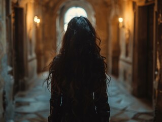 Wall Mural - A woman with long dark hair walks down a hallway. AI.