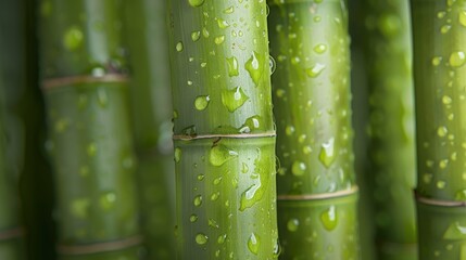 Sticker - Close-Up of Fresh Green Bamboo Stalks with Water Droplets in a Natural Setting