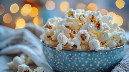 Detailed shot of a bowl of popcorn with a sprinkle of salt, snack cuisine, stock photo quality