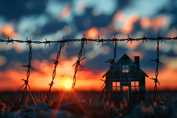 A Silhouette of Loss: A House Behind Barbed Wire at Sunset in Russia