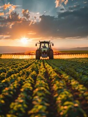 Tractor Spraying Crops at Sunset