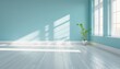 © DruZhi Art - Serene Empty Room with Pastel Blue Wall and White Wooden Floor, Banner with Copy Space