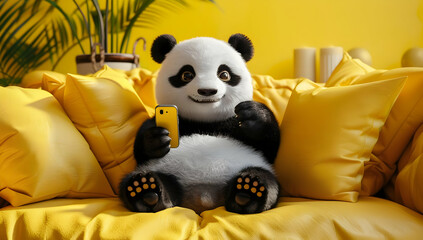 Cute panda sitting on a yellow couch holding a smartphone, surrounded by yellow decor, looking content and cozy.