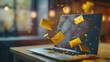 © sornram - Email communication concept with yellow envelopes flying out of a laptop, illustrating digital correspondence and connectivity.